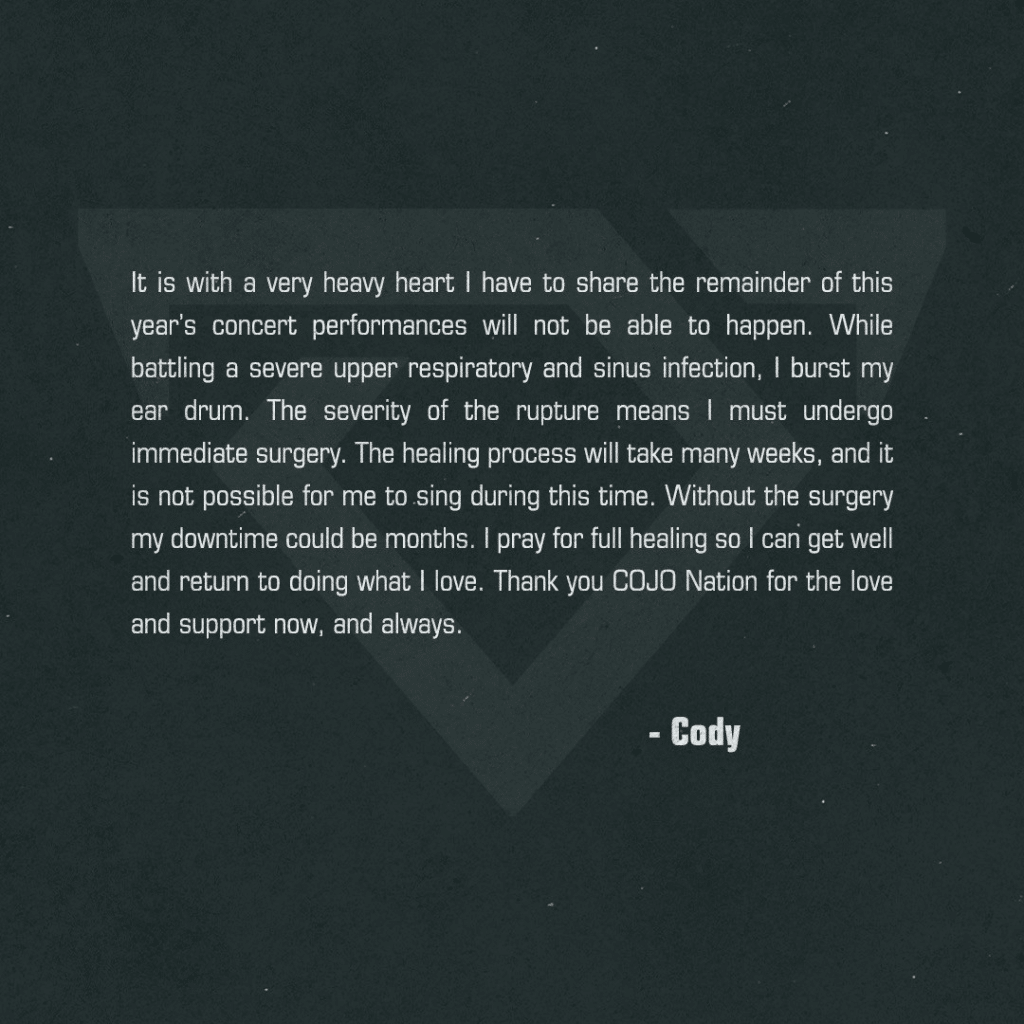 Official graphic from Cody Johnson explaining that he has to reschedule 2025 concert dates due to a ruptured ear drum. 
