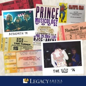 Collage of ticket stubs, backstage passes, and photos from events at Legacy Arena.